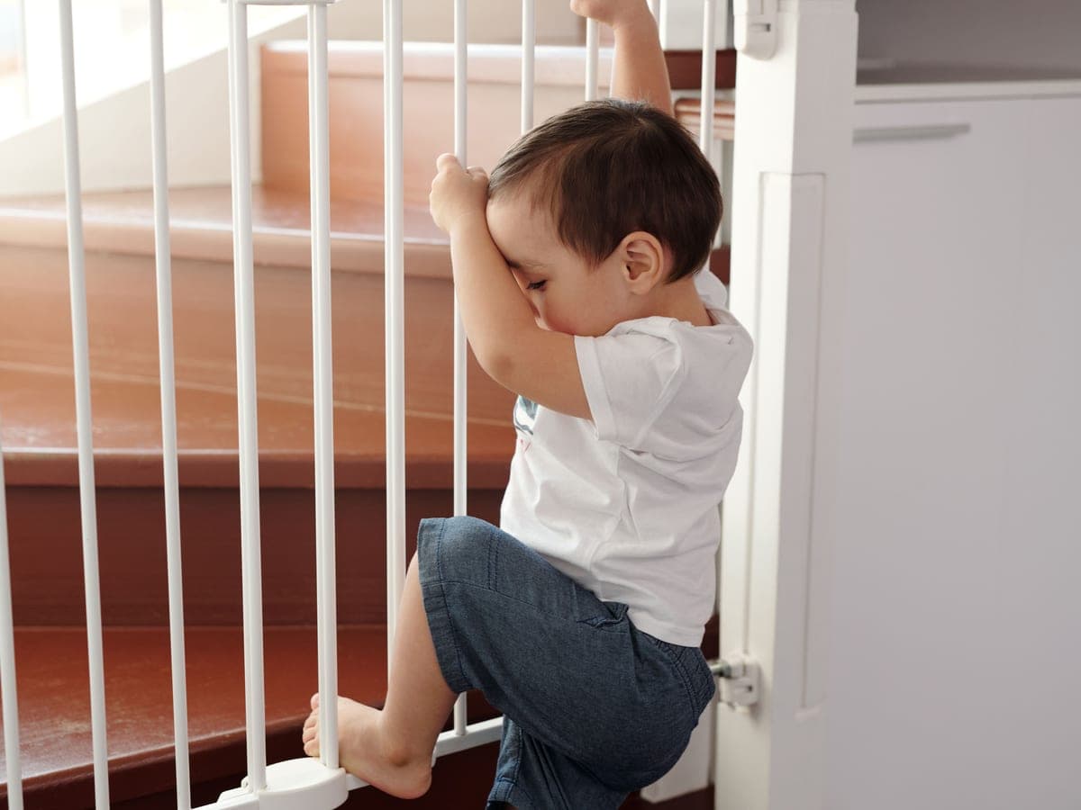 A toddler climbing on a white safety gate at the top of a staircase — Gate & Guard, childproofing & home safety